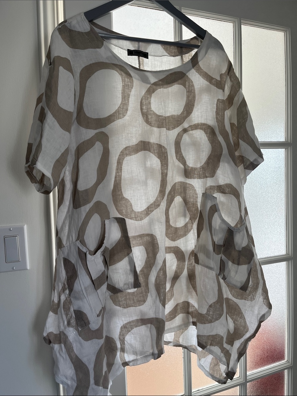 Relaxed White Tunic with Taupe Circle Print